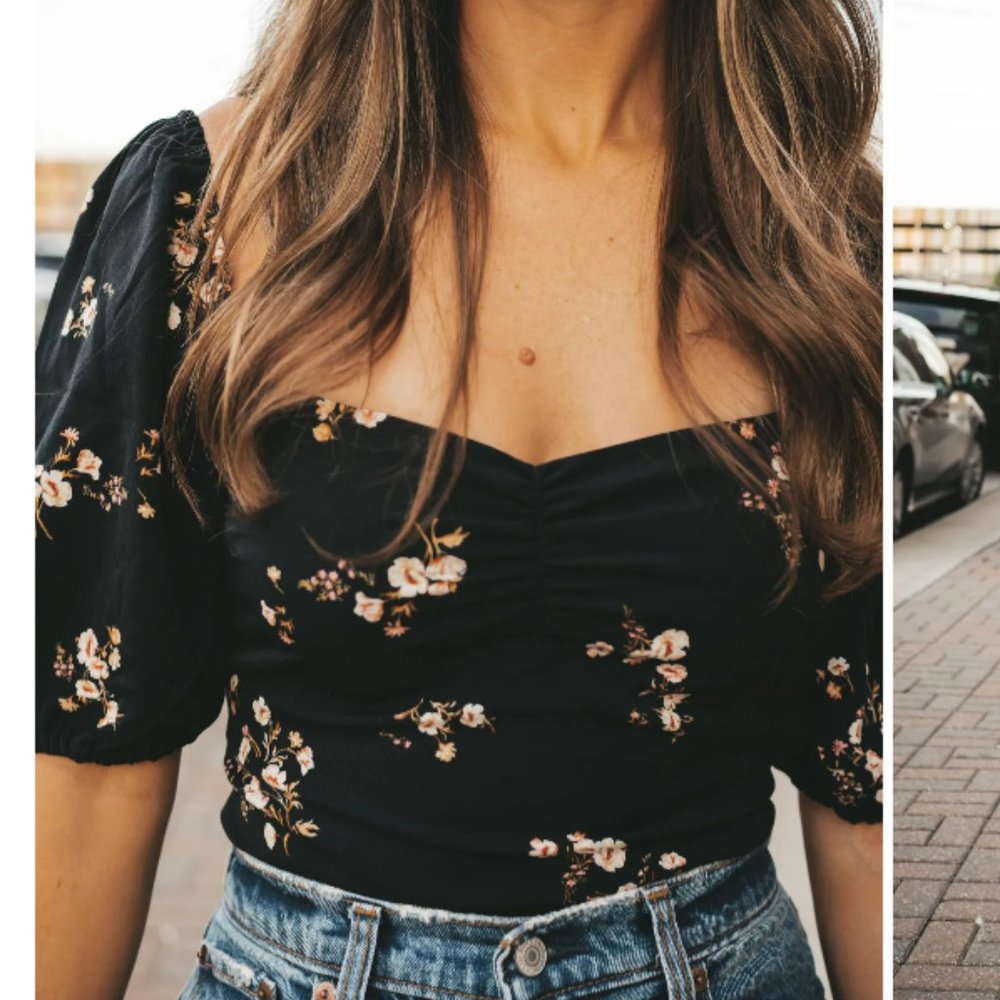 Abercrombie & Fitch black floral puff sleeve corset top - Size XS